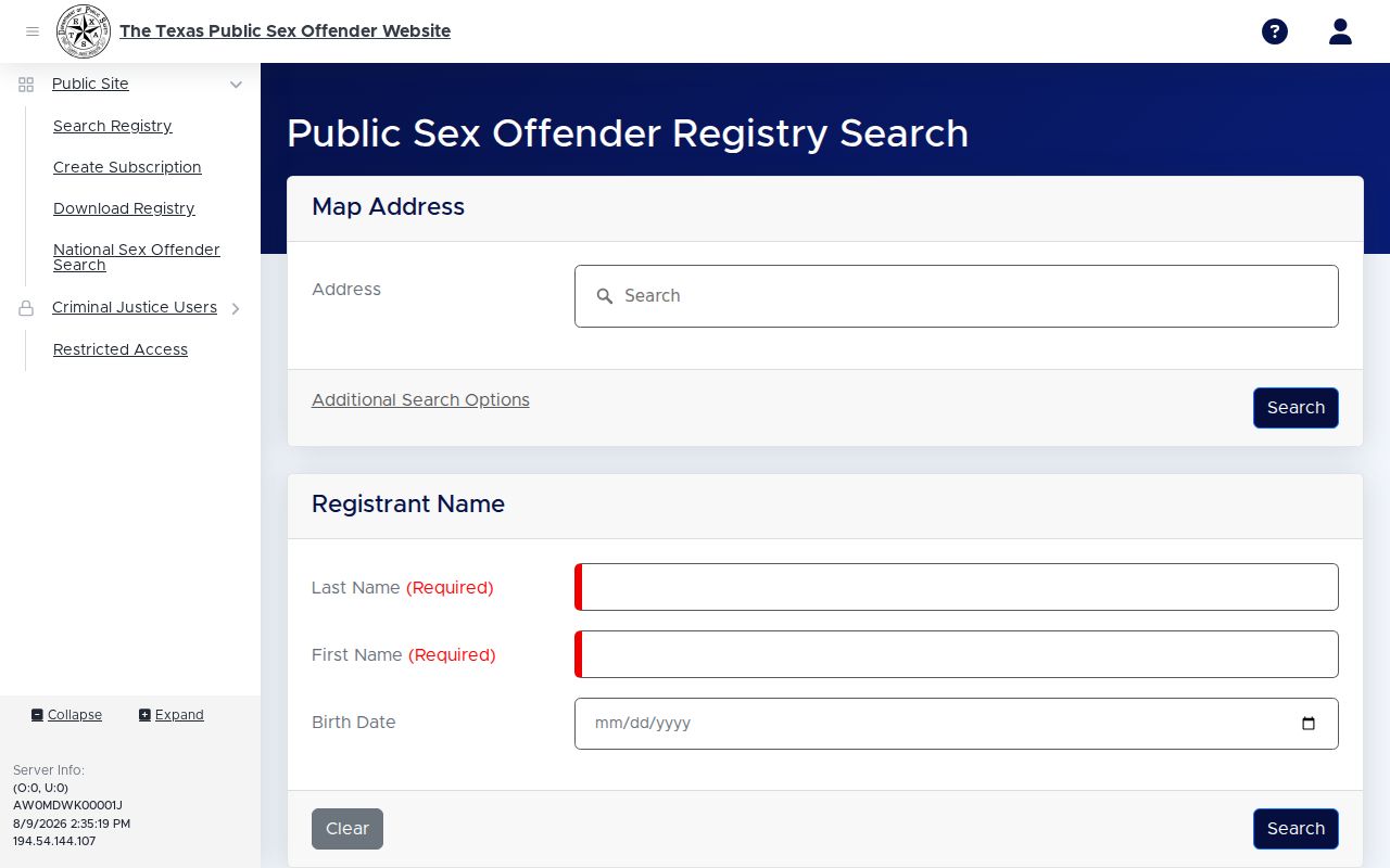 Official Texas DPS search page for Hopkins County sex offender records